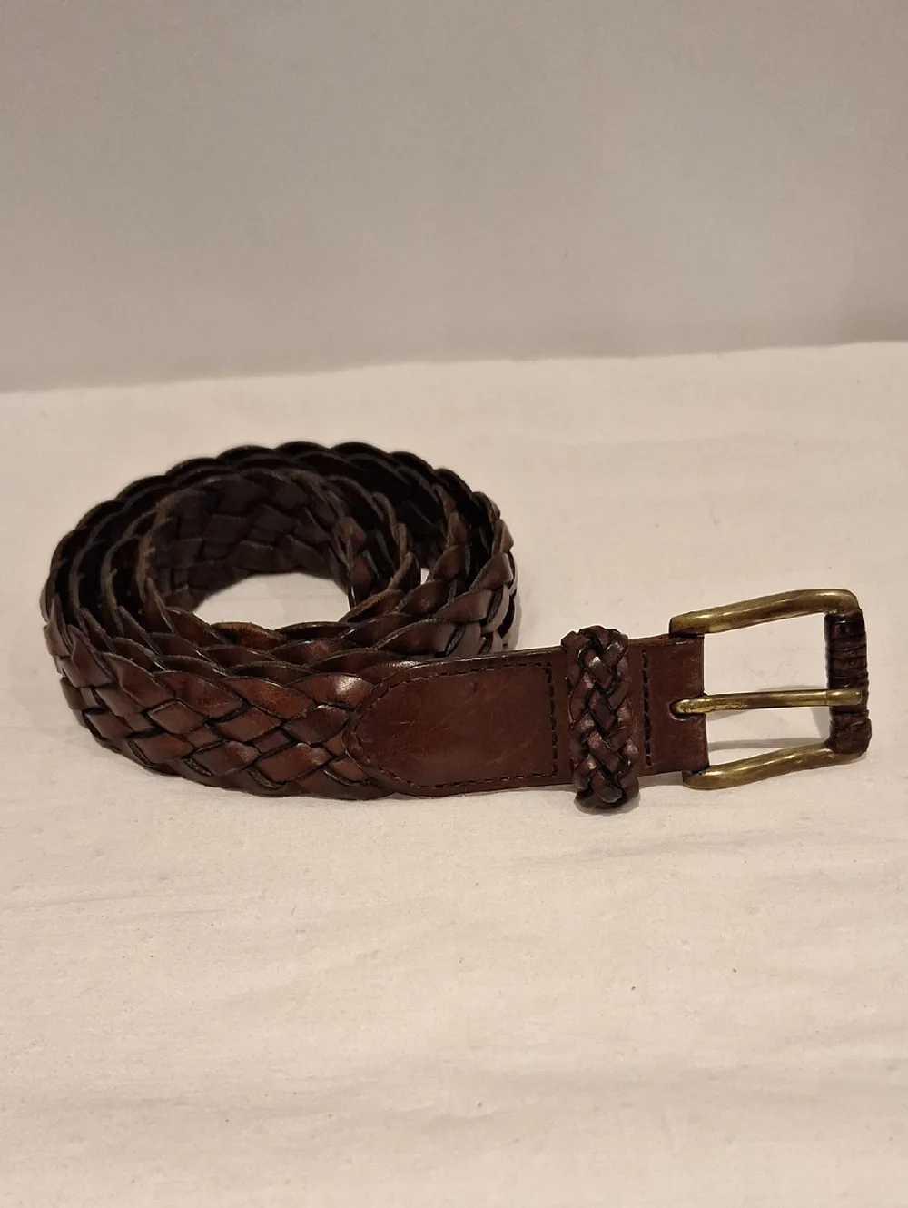 Brown Braided Leather Belt with Brass Buckle - Size 38